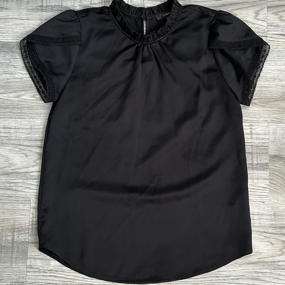 J Crew Black‎ Short Sleeve Lace Trim Blouse Sz XXS